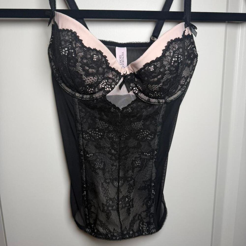 Victoria's Secret black lace corset top with pink bow detail Size: 34B